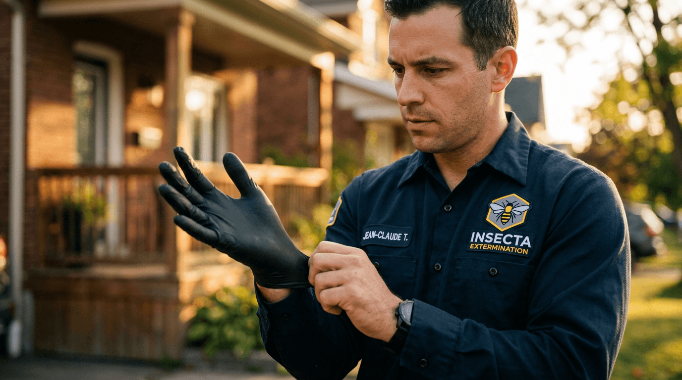 Technicien certifié d'Insecta Extermination enfilant ses gants avant un traitement sur la Rive-Sud
