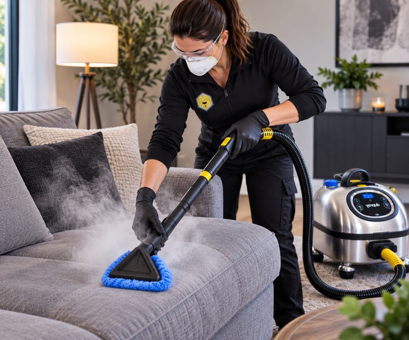 Technicienne d'Insecta Extermination nettoyant un divan à la vapeur avec une machine Dupray de grade commercial