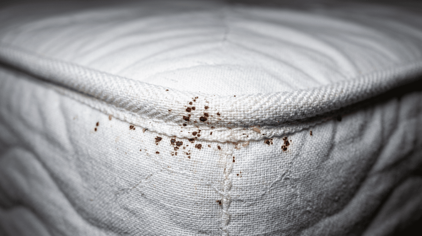 Traces de punaises de lit sur les coutures d'un matelas, la zone à traiter en priorité à la vapeur